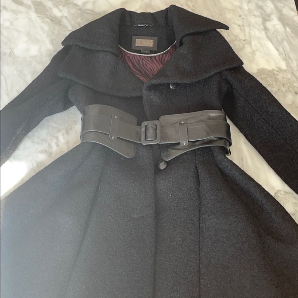 Mackage small black wool coat with leather belt